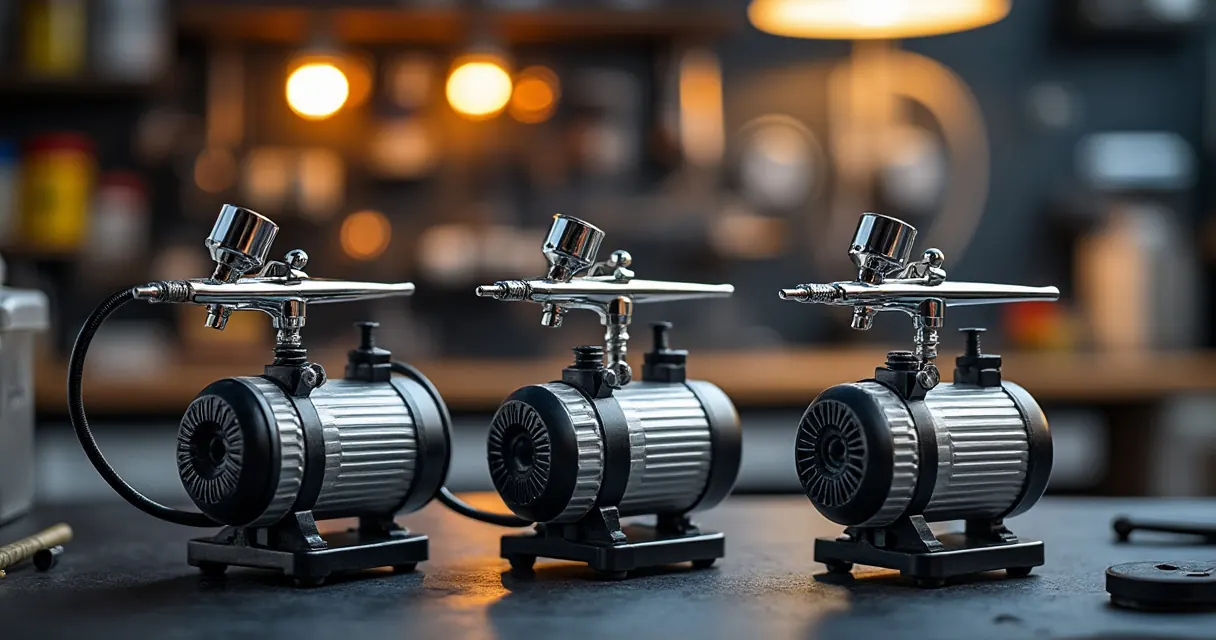 Drei kompakte Airbrush-Kompressoren mit aufgelegten Airbrush-Pistolen