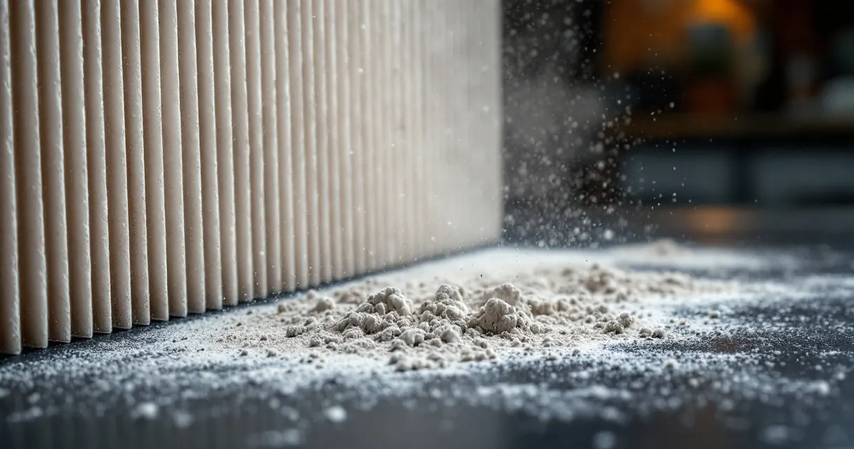 Gefalteter Kabinenfilter mit feinem grauem Farbstaub