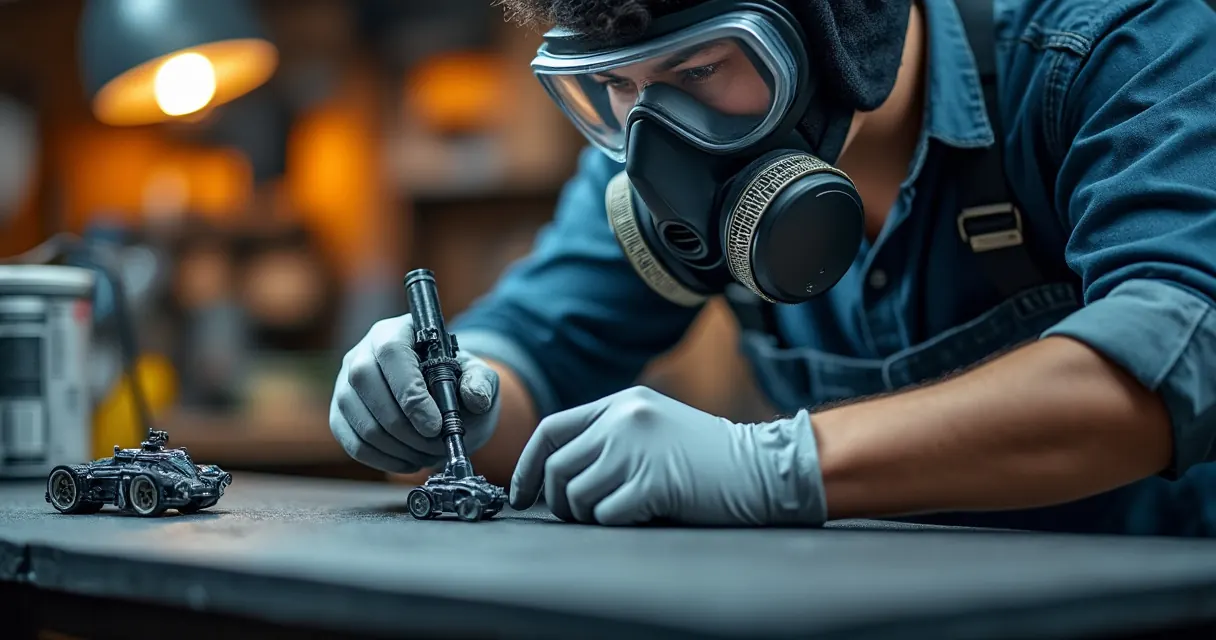 Modellbauer mit Halbmaske und Nitrilhandschuhen beim Airbrushen eines kleinen Modells