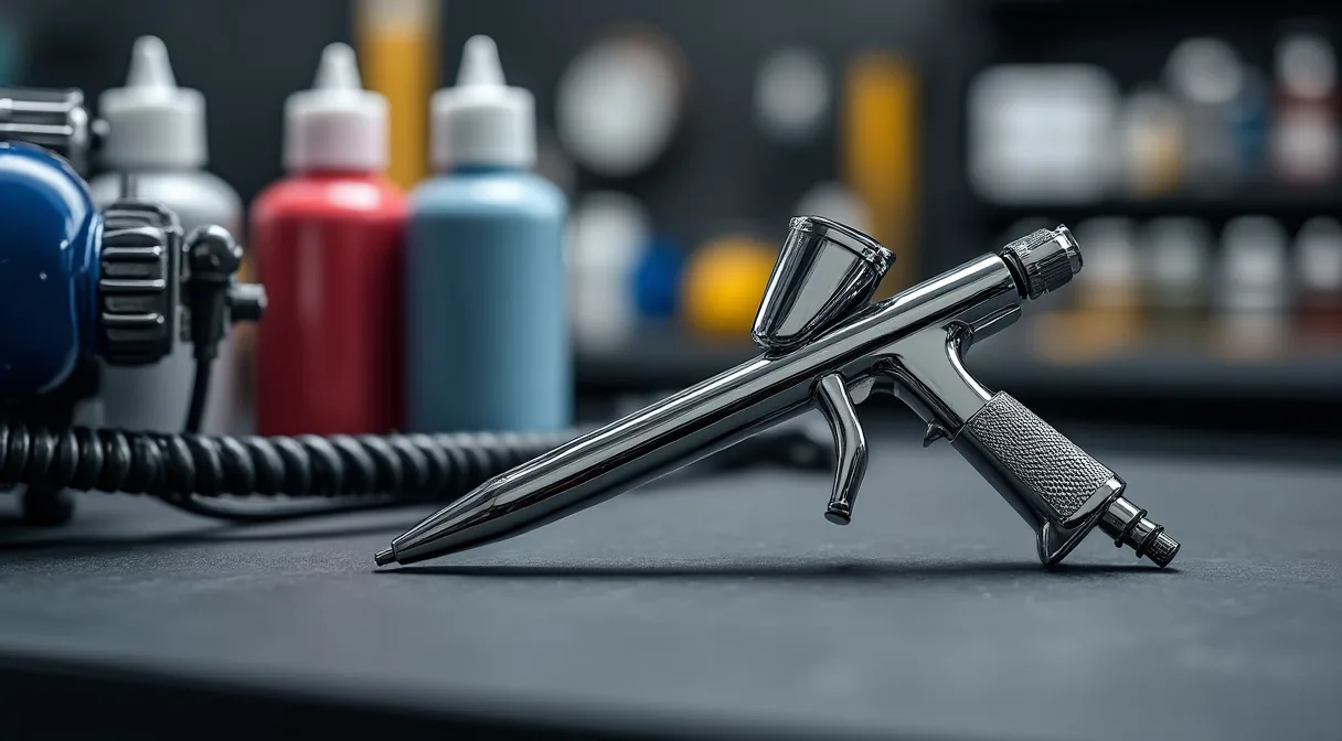 Airbrush-Pistole und Kompressor auf dunkler Werkbank mit Farbtöpfchen im Hintergrund
