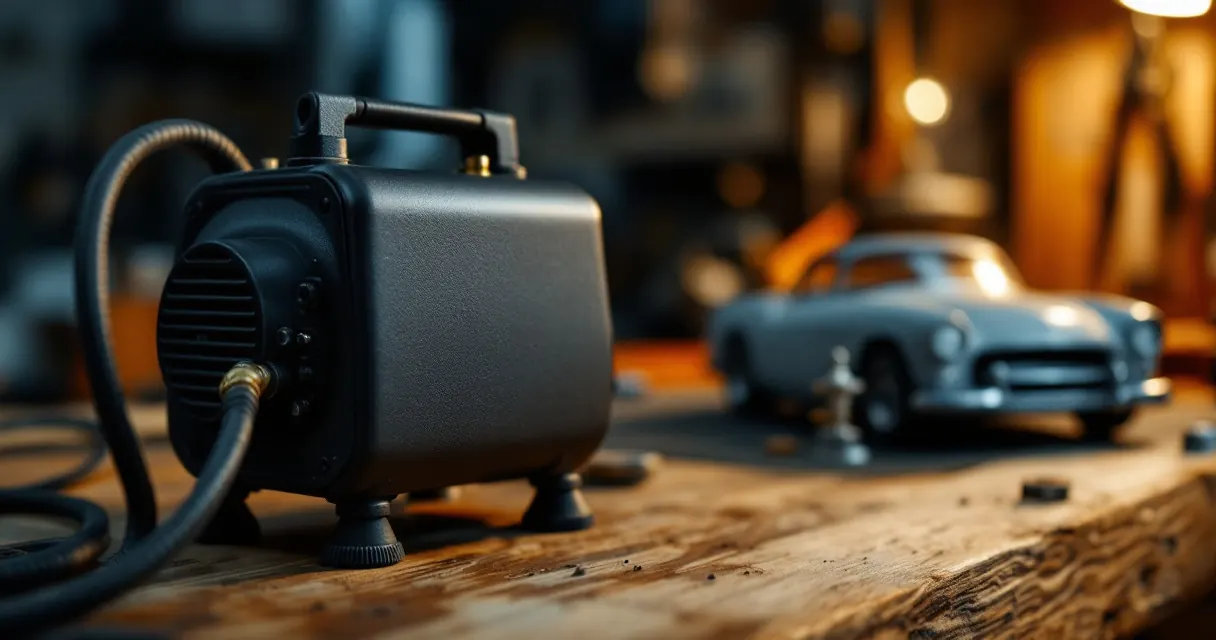 Schwarzer Airbrush-Kompressor auf Gummifüßen auf einer Holzwerkbank