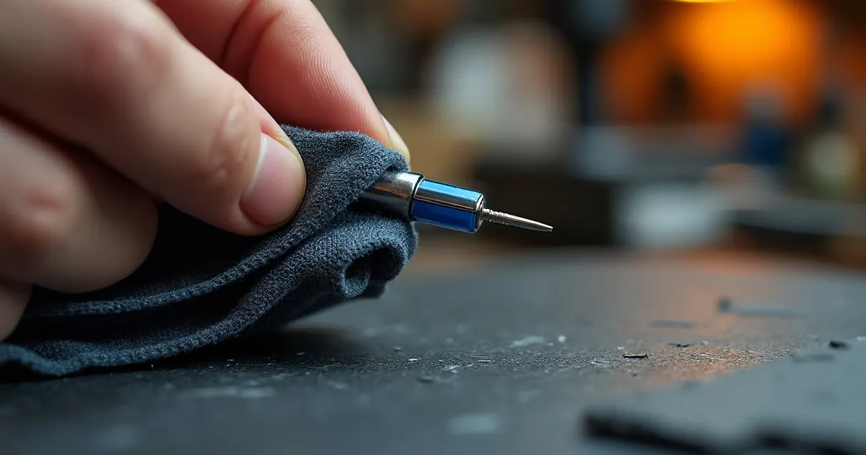 Finger wischen eine Airbrush-Nadel mit einem fusselfreien Tuch ab