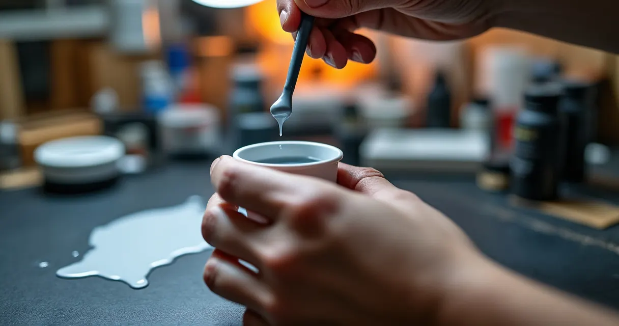 Verdünnte graue Farbe tropft von einem Rührstab in einen kleinen Becher