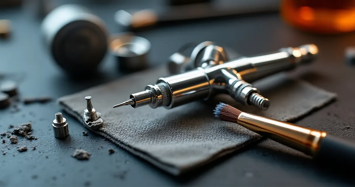 Zerlegte Airbrush mit Düse, Kappe und Nadel auf einem Tuch neben einem Pinsel