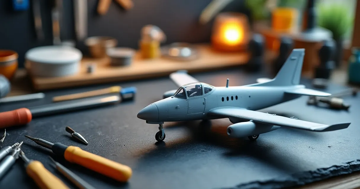 Fertig gebautes, unlackiertes graues Modellflugzeug neben Werkzeug auf dem Tisch