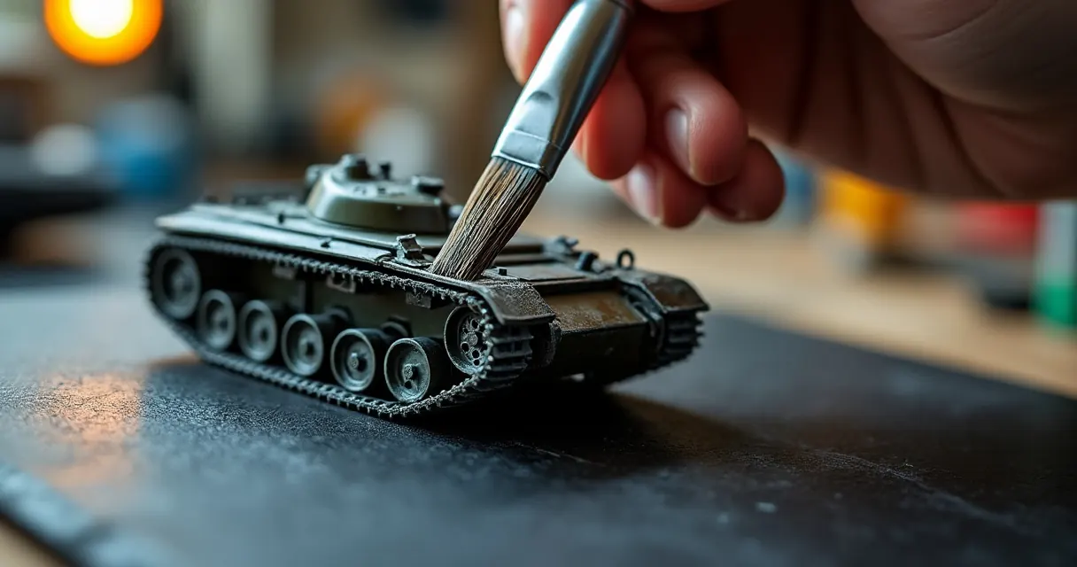 Pinsel trägt Farbe auf die Wanne eines Modellpanzers auf