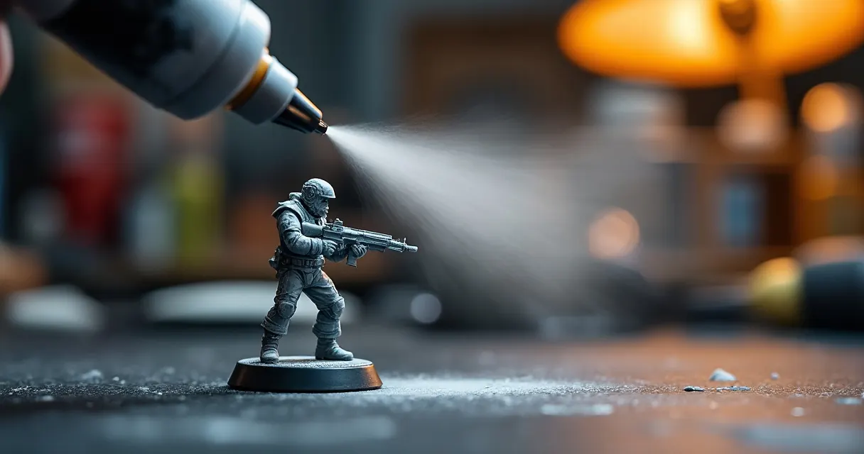 Feiner grauer Primer-Nebel aus einer Airbrush auf einer Figur