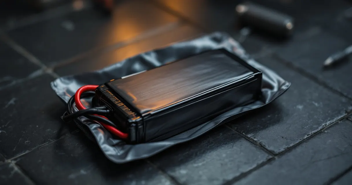 LiPo-Akku in schwarzer Folie liegt in einer geöffneten Ladetasche auf Fliesen