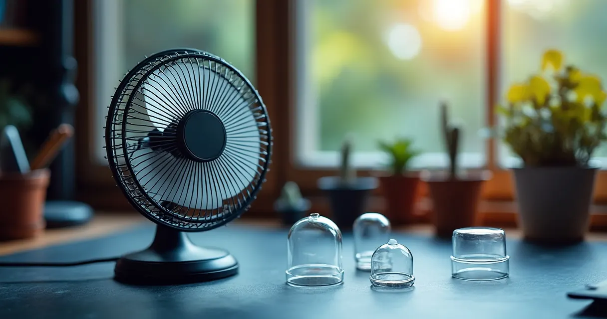 Kleiner Tischventilator vor einem offenen Fenster neben durchsichtigen Modellteilen
