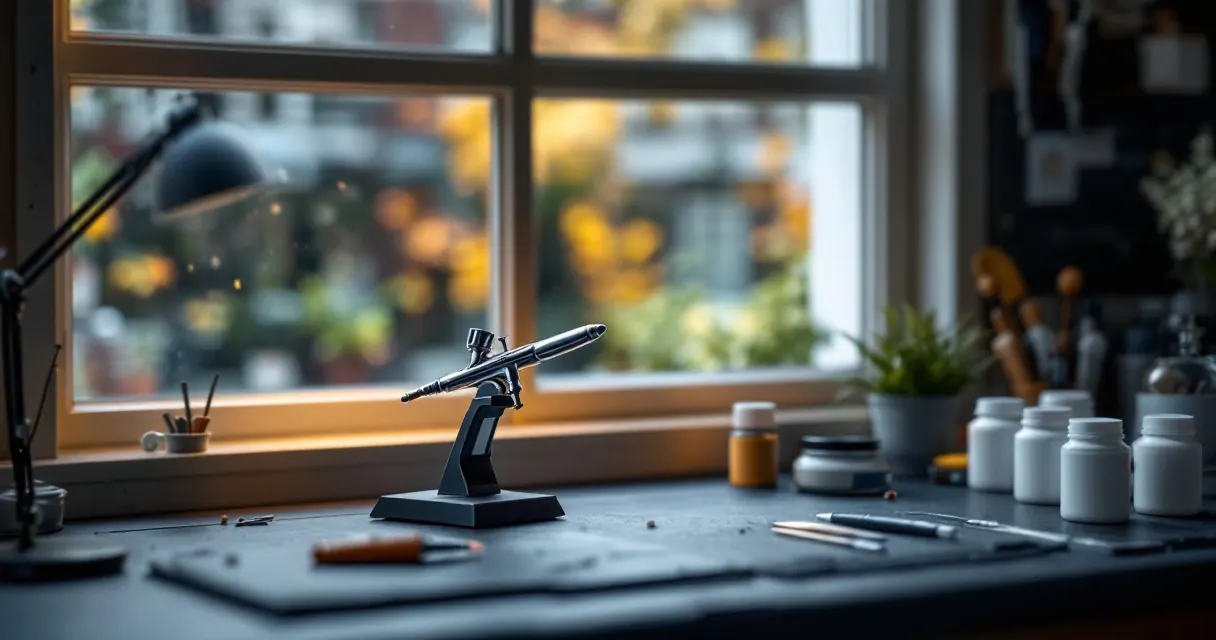Geöffnetes Fenster über einem aufgeräumten Hobbytisch mit Airbrush und Farbtöpfchen